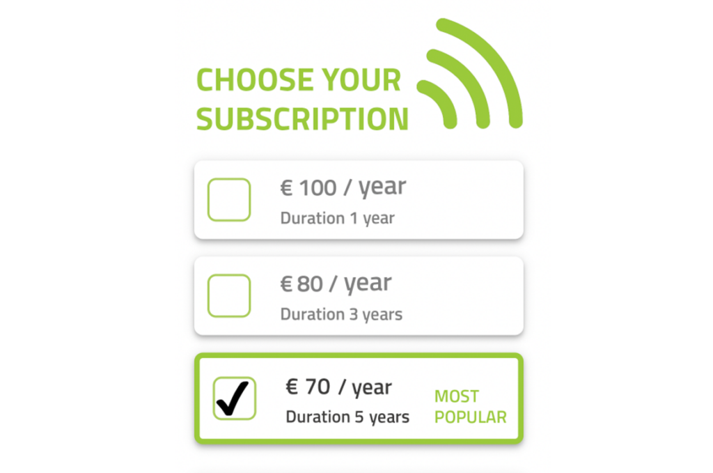 Good news: Subscription now from 70 euros per year! Do you already have a Starter Package Plus or are you considering to buy one before the new camping season starts? Then we have good news. You can now get a subscription from € 70 a year (duration 5 years), saving as much as €30 a year! You can choose a subscription for one, three or five years (see below). A subscription is required to use the PLUS features of the Starter Pack Plus. This offers many advantages: With this, activate E-Track&Trace, the built-in GPS tracker of your Starter Package Plus. Read out modules while your camping equipment is still in storage and start preparations from the comfort of your armchair (available from mid-2024). You can easily subscribe in the E-Trailer app. Already have a subscription to use the PLUS functionalities of your E-Trailer system? Then transfer your subscription and benefit from the 30 euro discount per year from now on! To transfer your subscription, send us an email at info@e-trailer.nl. Choose from a one-, three- or five-year subscription: