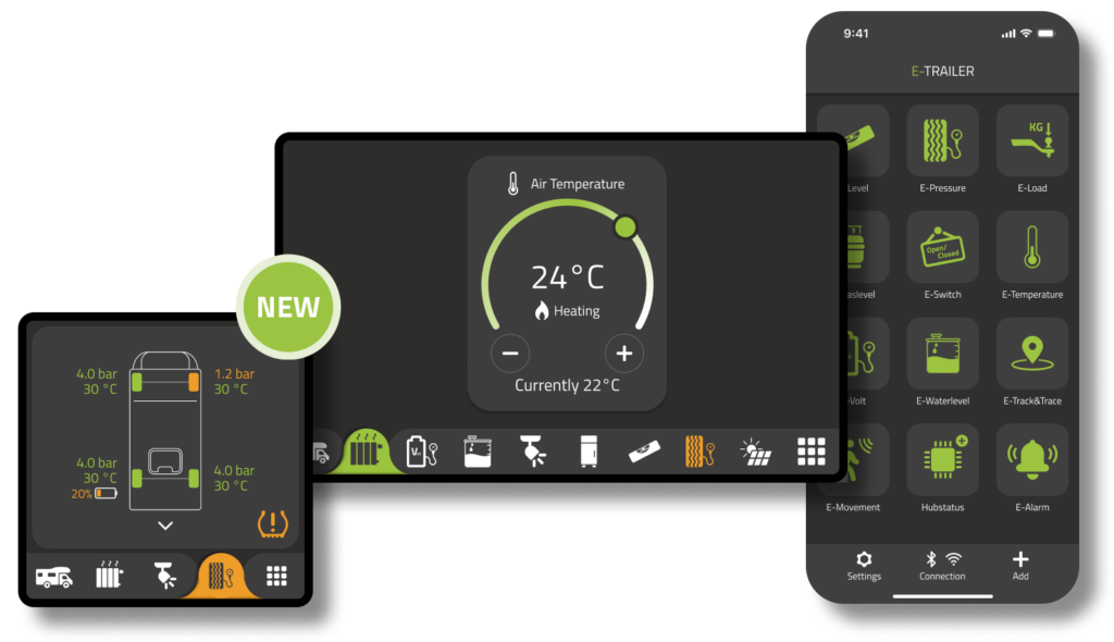 E-Trailer E-Touch control panels in 4-inch and 7-inch versions, shown together with the E-Trailer mobile app on an iPhone