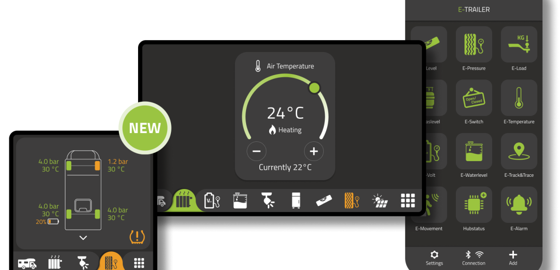 E-Trailer E-Touch control panels in 4-inch and 7-inch versions, shown together with the E-Trailer mobile app on an iPhone